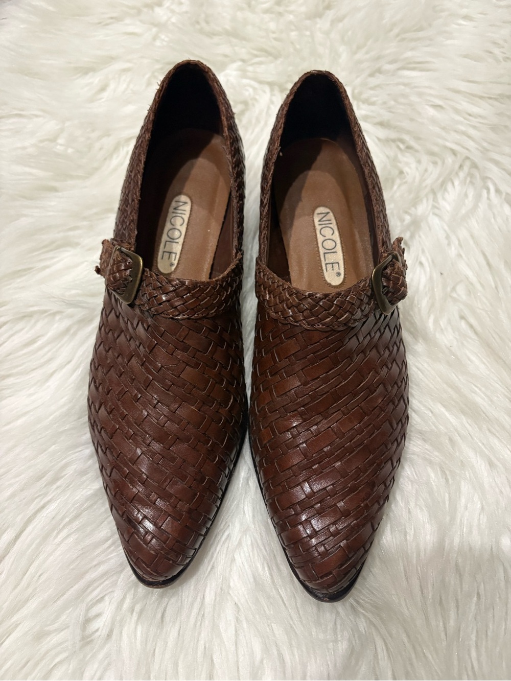 Vintage Nicole Indie Natural Braided Leather Woven Pointed Toe Heeled Mules